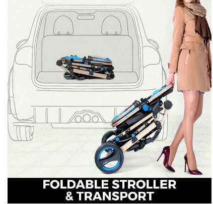 BRAND NEW 2 in 1 Portable Baby Stroller Blue Anti-Shock Springs Foldable Luxury Baby Stroller Adjustable High View Pram Stollers