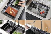 Kitchen Sink with Integrated Pull-Out Faucet 304 Stainless Steel Waterfall Kitchen Sink with Multiple Accessories