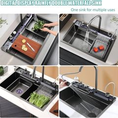 Kitchen Sink with Integrated Pull-Out Faucet 304 Stainless Steel Waterfall Kitchen Sink with Multiple Accessories