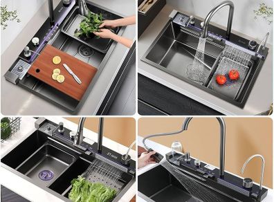 Kitchen Sink with Integrated Pull-Out Faucet 304 Stainless Steel Waterfall Kitchen Sink with Multiple Accessories
