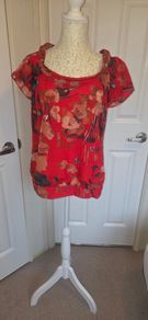 Gallery Red Floral Chiffon Blouse UK 12 Boho Occasion Floaty Top EU40