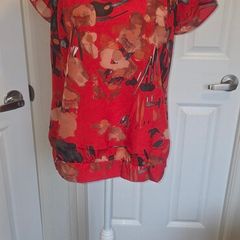 Gallery Red Floral Chiffon Blouse UK 12 Boho Occasion Floaty Top EU40
