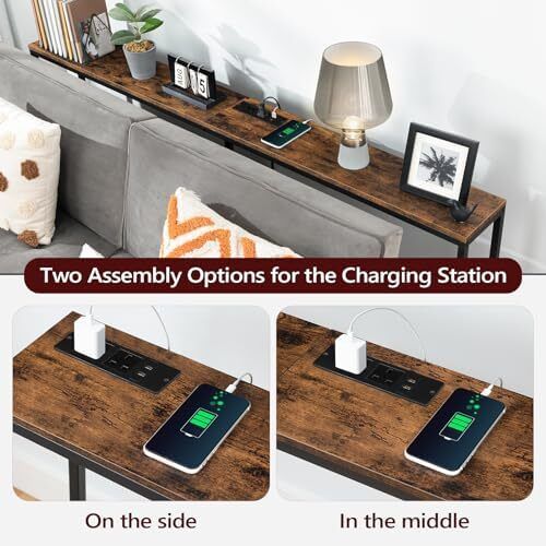 Console Table with Power Outlet, 180 cm Narrow Sofa Table, Industrial Entryway Table with USB Ports, Behind Couch Table for Entryway, Hallway, Foyer, Living Room, Rustic Brown