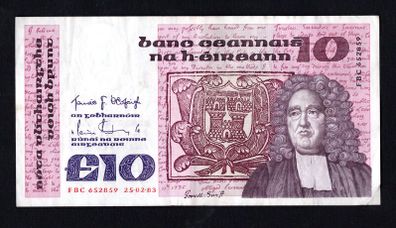 1983 Ireland IR10 Jonathan Swift. Banknote Series B. Note issued 25/02/83. Serial number FBC652859