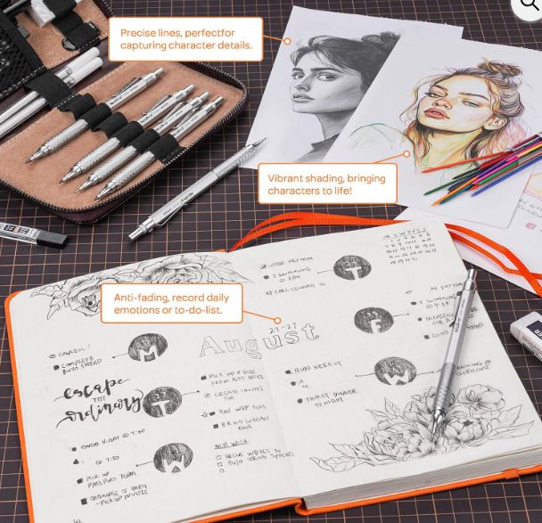 26PCS Metal Mechanical Pencil Set in Leather Case, Art Drafting Pencil 0.3, 0.5, 0.7, 0.9 mm