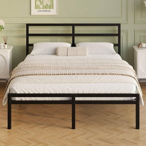 Bed 135 x 190 cm with Headboard and Footboard, 30 cm High, Metal Slatted Base, Iron Double Bed Frame, Additional Space Below, Easy Assembly, Modern, Black