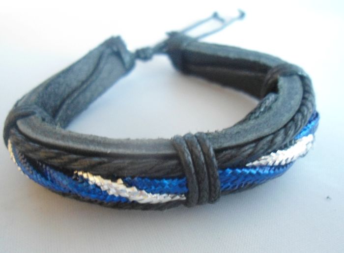 Mens Tribal Black Leather And Blue Cord Surf Bracelet . Surf Jewellery.