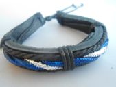 Mens Tribal Black Leather And Blue Cord Surf Bracelet . Surf Jewellery.
