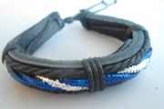 Mens Tribal Black Leather And Blue Cord Surf Bracelet . Surf Jewellery.