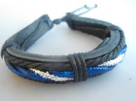 main image for ad Mens Tribal Black Leather And Blue Cord Surf Bracelet . Surf Jewellery.