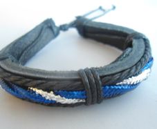 Mens Tribal Black Leather And Blue Cord Surf Bracelet . Surf Jewellery.