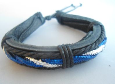 Mens Tribal Black Leather And Blue Cord Surf Bracelet . Surf Jewellery.