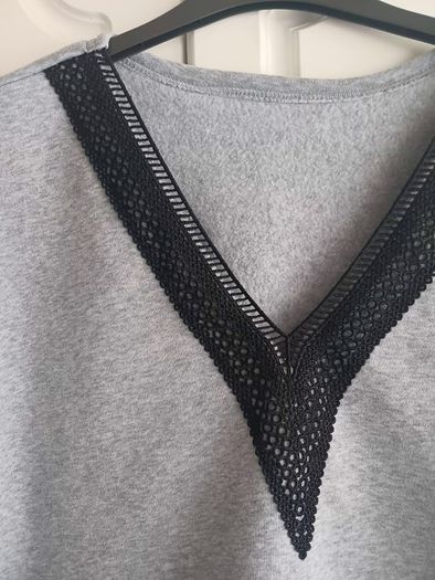 Grey Sweatshirt with Lace V-neck