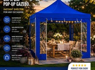 10ft x 10ft  Blue Pop-Up Gazebo with Clear Sidewalls & Wheeled Carry Bag  3m x 3m