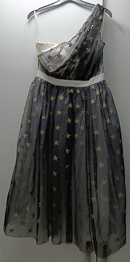 Midi dress one shoulder gold with stars print mesh overlay