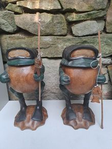 Pair of Hand Carved Wooden Fishing Frog Figures