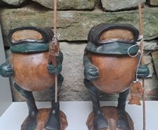 Pair of Hand Carved Wooden Fishing Frog Figures