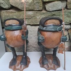Pair of Hand Carved Wooden Fishing Frog Figures