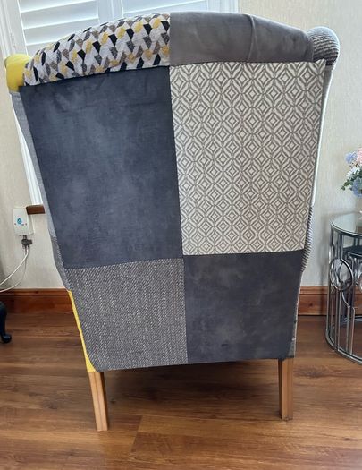 Stunning Queen Anne armchair. Ochre and grey velvet and tweeds with solid oak legs. Collection only Swords area.