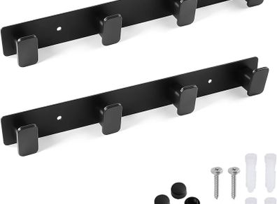 2 Pack Coat Hooks Wall Mounted, Black Coat Rack with 4 Hooks Heavy Duty Towel Hook Wall Hooks Organizer for Hanging Towels, Clothes, Bags, Hat