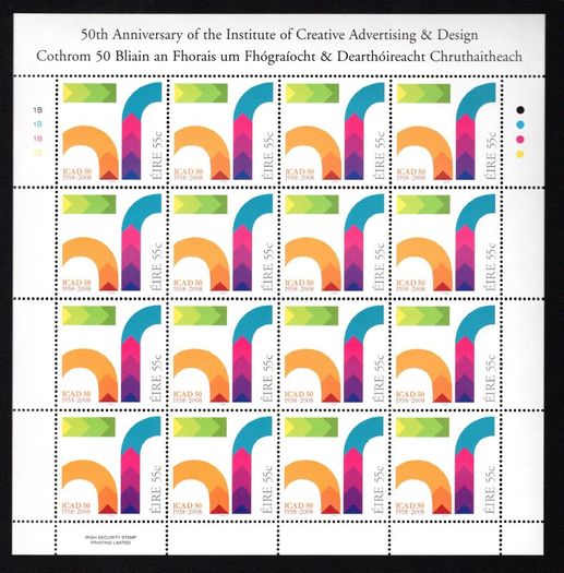 2008 Ireland 50th Anniversary of the Institute of Creative Advertising and Design Commemorative Stamp Sheetlet Plate 1B1B1B1B Mint Never Hinged (MNH)