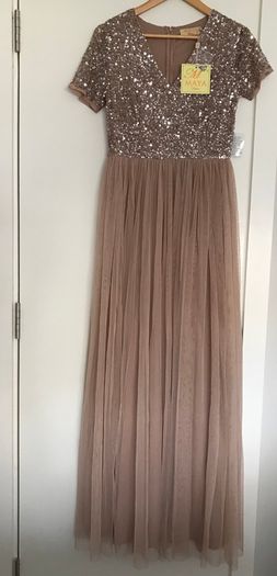 Maya Bridesmaid v neck maxi tulle dress with tonal delicate sequins in taupe blush