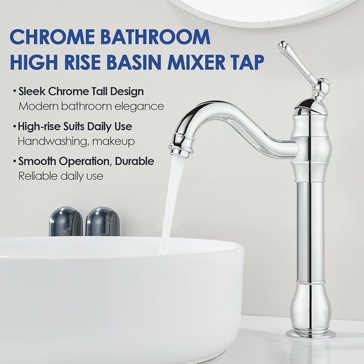 Chrome Vintage Retro Tall Tap for Bathroom Basin, High Rise Bathroom Sink Mixer Tap with 360 Swivel Spout, Brass Construction Basin Mixer Tap, Cloakroom Classic Countertop