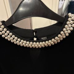 ladies dressy black velvet top embellish with faux pearls at neck q