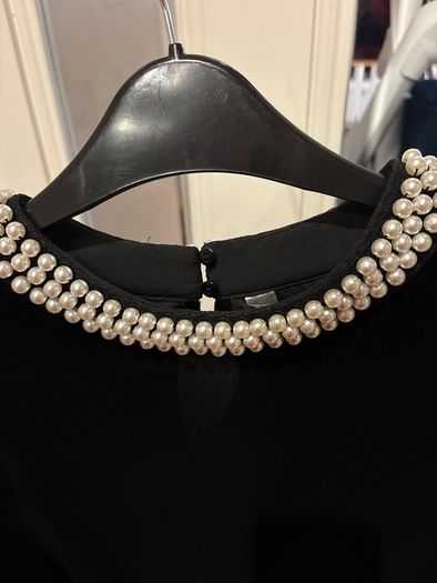 ladies dressy black velvet top embellish with faux pearls at neck q