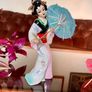 Vintage MCM Geisha Black Hair Red Obi Light Blue Pink Gold Holding a Fan 18 cm Image 4