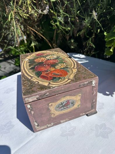 Hand painted wooden box with roses and cherubs
