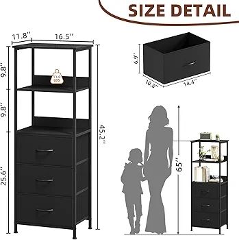 5-Tier Bookcase, Freestanding Bookcase for Living Room Bedroom Home Office, Tall Bookshelf with 3 Fabric Storage Drawers, Shelving Unit Open Storage Display Shelf, Black