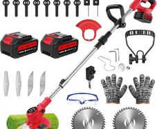 Cordless Garden Strimmers,Electric Cordless 21v Grass Strimmer with 2 X 2000mAh Battery, Adjustable Metal Blades,Garden Trimmer Telescopic Lightweight with Roller, 850W, for Gardens