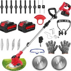 Cordless Garden Strimmers,Electric Cordless 21v Grass Strimmer with 2 X 2000mAh Battery, Adjustable Metal Blades,Garden Trimmer Telescopic Lightweight with Roller, 850W, for Gardens