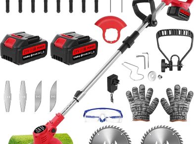 Cordless Garden Strimmers,Electric Cordless 21v Grass Strimmer with 2 X 2000mAh Battery, Adjustable Metal Blades,Garden Trimmer Telescopic Lightweight with Roller, 850W, for Gardens
