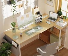 L Shaped Desk with Power Outlets 100x70 cm Corner Computer Desk Writing Table, Reversible Large Storage Shelves, Bookshelf Workstation for Study Play Work Bedroom Home Office Beige