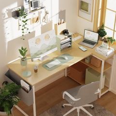 L Shaped Desk with Power Outlets 100x70 cm Corner Computer Desk Writing Table, Reversible Large Storage Shelves, Bookshelf Workstation for Study Play Work Bedroom Home Office Beige