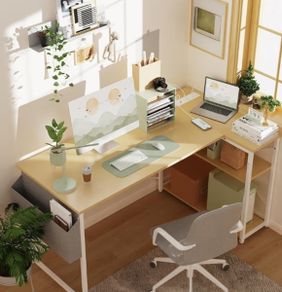 L Shaped Desk with Power Outlets 100x70 cm Corner Computer Desk Writing Table, Reversible Large Storage Shelves, Bookshelf Workstation for Study Play Work Bedroom Home Office Beige