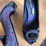 designer bourne stilettos purple tweed peep toe with black rhinestones and patent detail Image 2