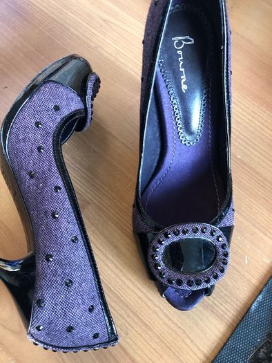designer bourne stilettos purple tweed peep toe with black rhinestones and patent detail