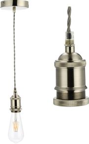Vintage Ceiling Pendant Light Fitting, Light Grey Twisted Braided Flex,E27 Lamp Holder Suspended Pendant Light Fitting Kit-Satin Nickel