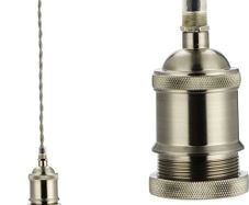 Vintage Ceiling Pendant Light Fitting, Light Grey Twisted Braided Flex,E27 Lamp Holder Suspended Pendant Light Fitting Kit-Satin Nickel