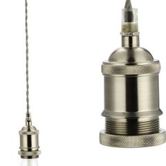 Vintage Ceiling Pendant Light Fitting, Light Grey Twisted Braided Flex,E27 Lamp Holder Suspended Pendant Light Fitting Kit-Satin Nickel