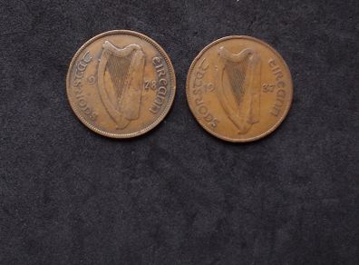 Pair of Vintage Irish Free State (Saorstat Eireann) 1d Pennies - Historic 1928 and 1937 Dates