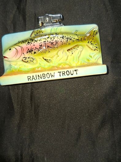 Old Rainbow Trout Lighter 1965 Amico ceramic table lighter Rainbow Trout design made in Japan.