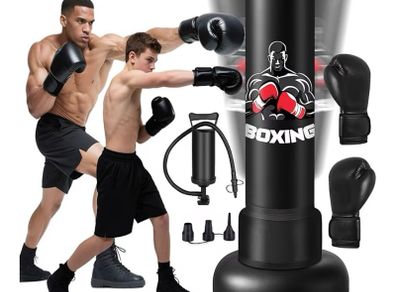 Punching Bag for Adults 180CM, Free Standing Inflatable Boxing Bag with Boxing Gloves and Air Pump, Women Men Stand Kickboxing Bags for Training MMA Muay Fitness Thai Home Gym Beginners