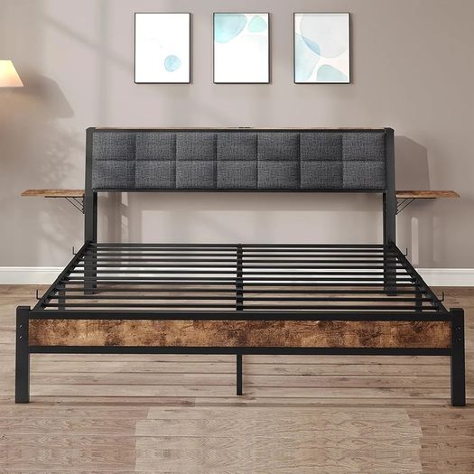 King Size Bed Frame with Storage,Metal Bed Frame Kingsize Bed Upholstered Platform Bed with Charge Station and USB Ports,Removable Bedside Shelf,Easy Assemly,Black + Grey