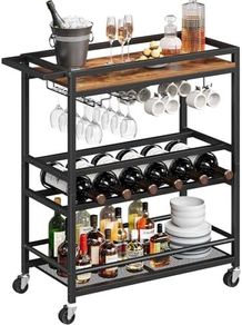 3-Tier Drinks Trolley on Wheels, Kitchen Serving Trolleys with Wine Rack, Rolling Beverage Cart with Shelves and Handle