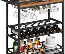 3-Tier Drinks Trolley on Wheels, Kitchen Serving Trolleys with Wine Rack, Rolling Beverage Cart with Shelves and Handle