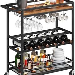 3-Tier Drinks Trolley on Wheels, Kitchen Serving Trolleys with Wine Rack, Rolling Beverage Cart with Shelves and Handle